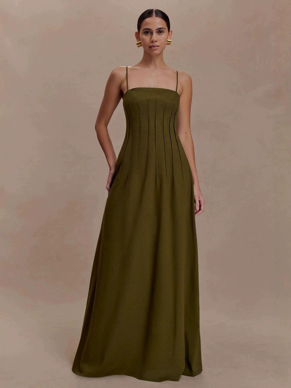 Zara Olive Green Spaghetti Strap Pleated Waist Maxi Dress - Picture 5 of 6